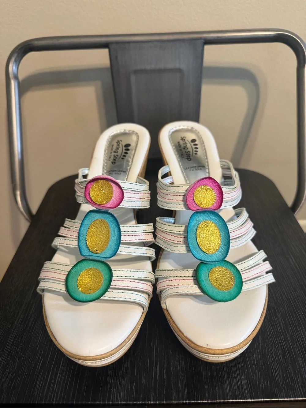 Spring Step Italy Leather Floral Wedge Slide Sandals EU 39. 8.5